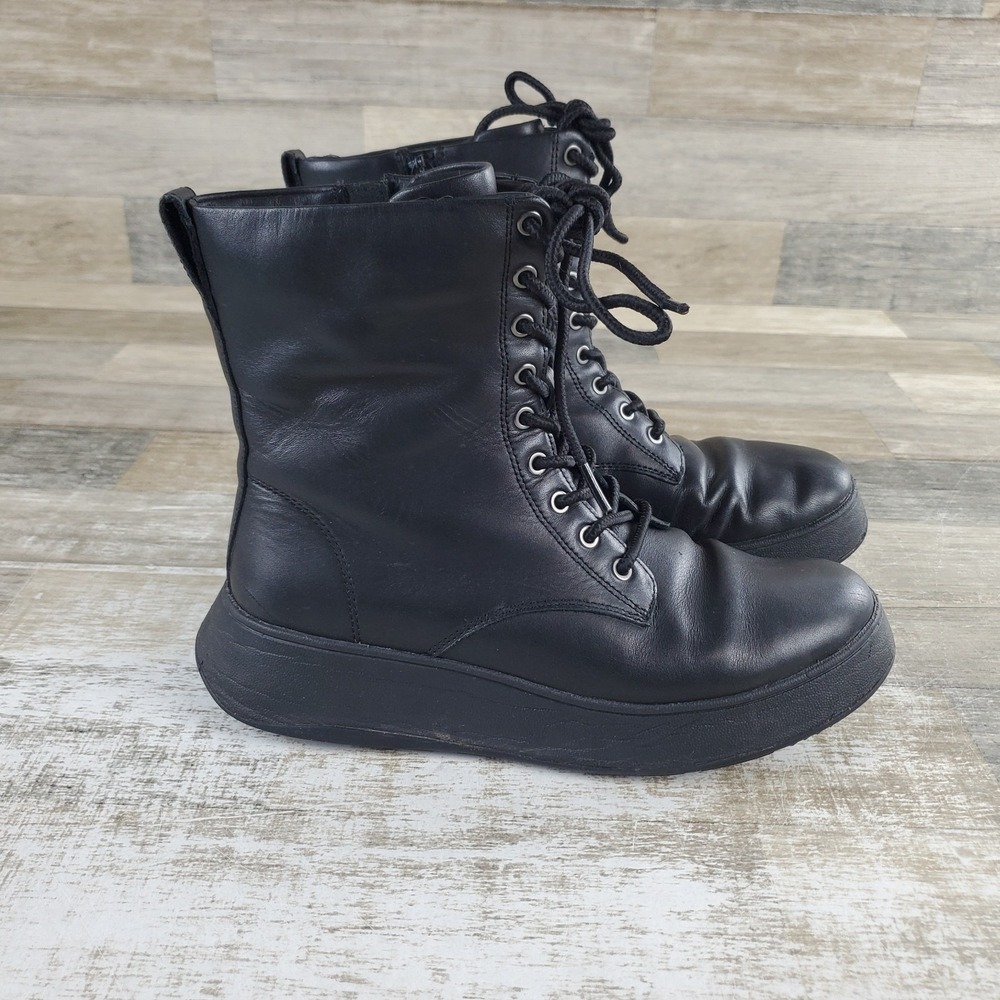 FitFlop F-Mode Womens Ankle Boots Sz 8 Black Leather Side Zip Lace Up Round Toe